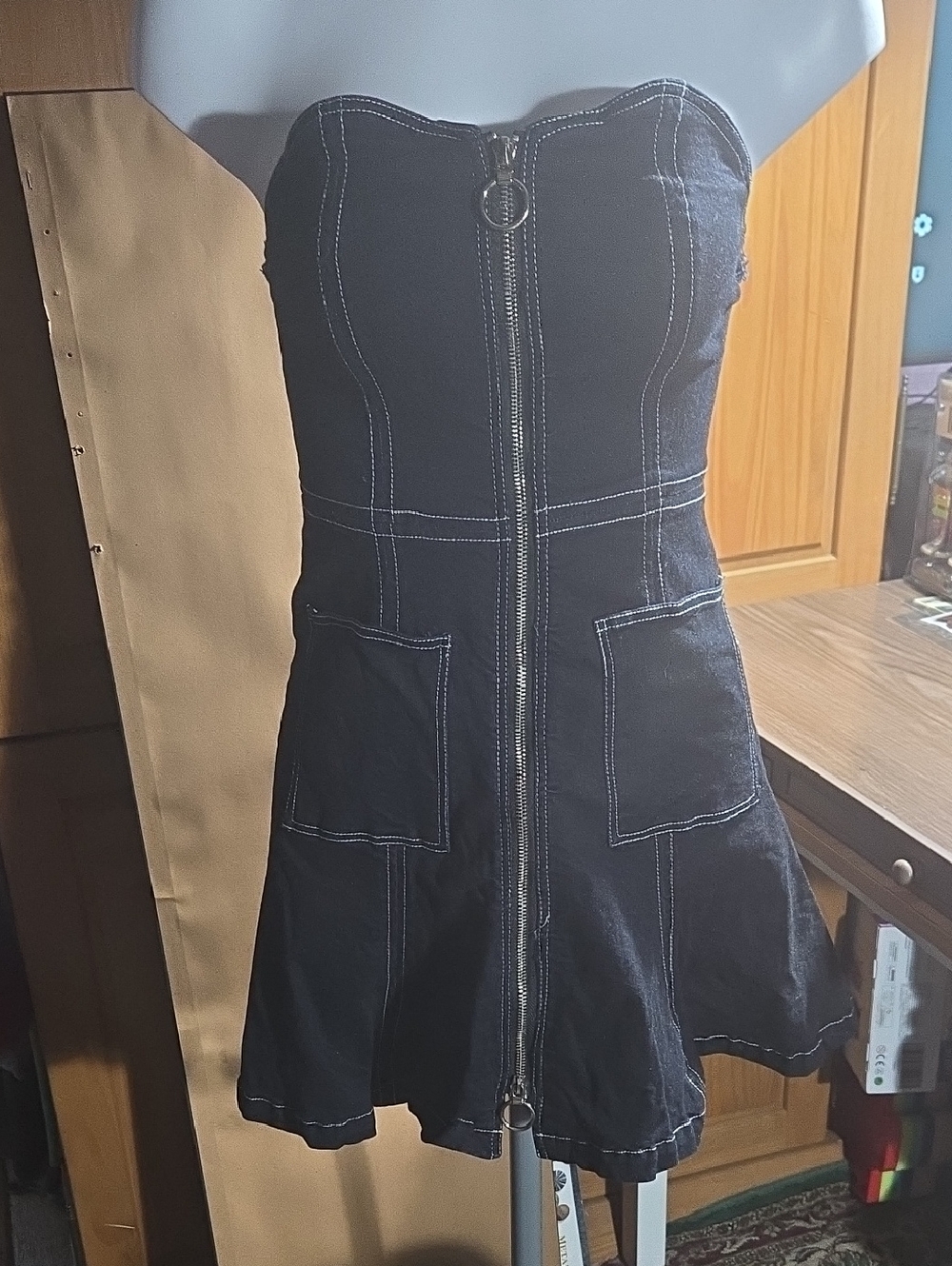 Strapless Denim Zip-Front Mini Dress Sz Sm Slits Cut In Side For Belt See Pics